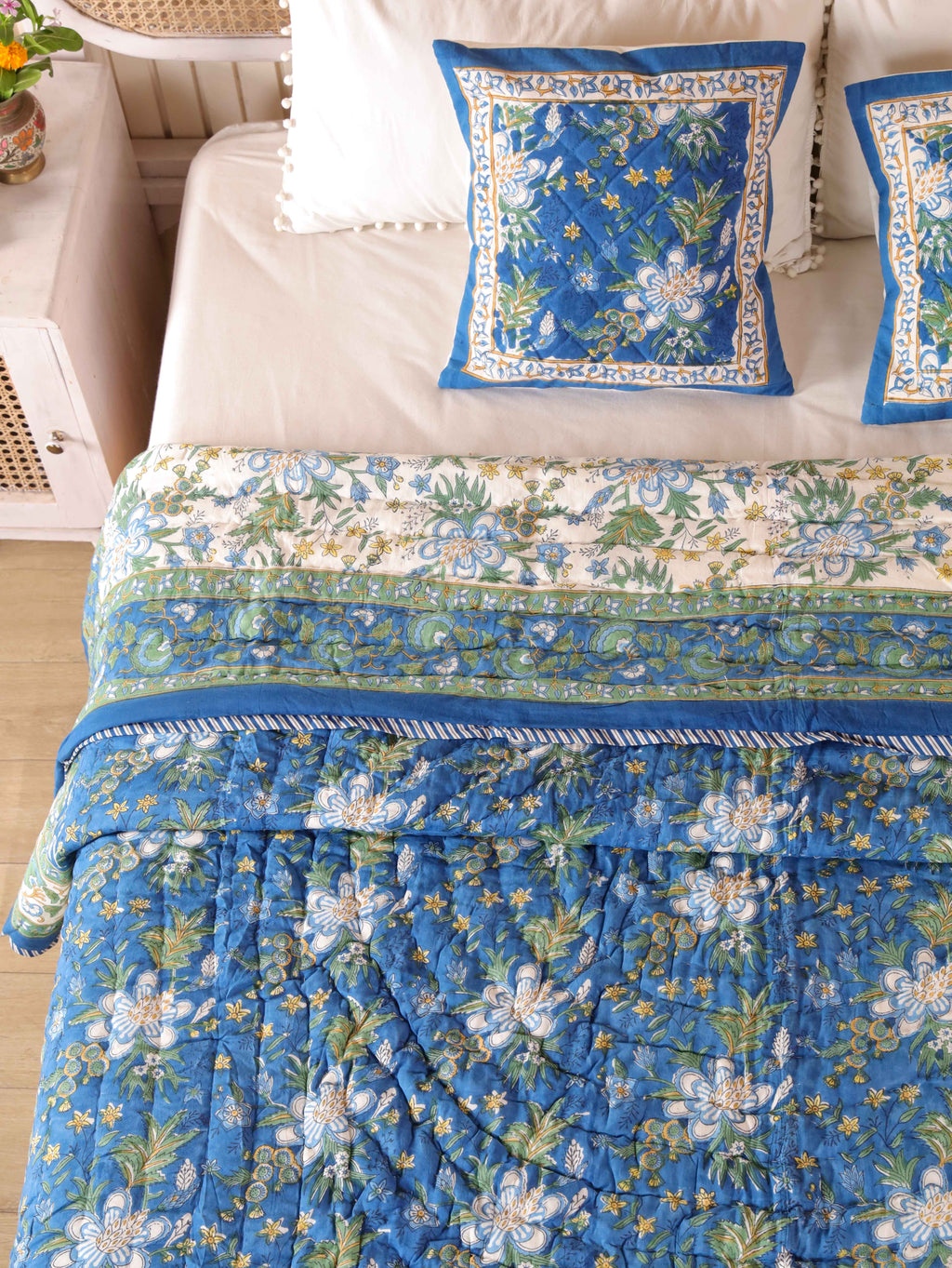 ROYAL INDIGO GLORY HAND BLOCK PRINT REVERSIBLE COTTON QUILT/RAZAI
