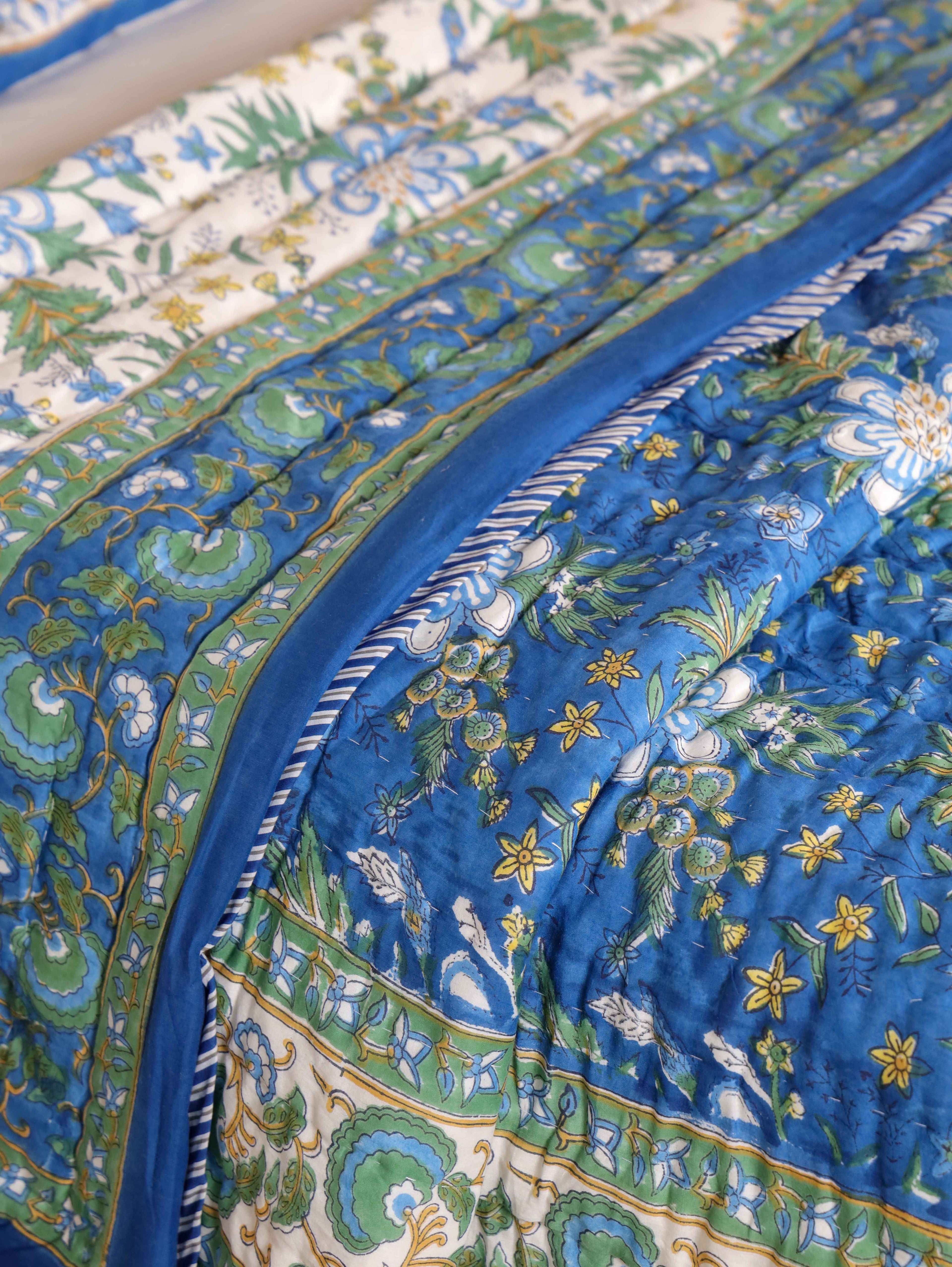 ROYAL INDIGO GLORY HAND BLOCK PRINT REVERSIBLE COTTON QUILT/RAZAI