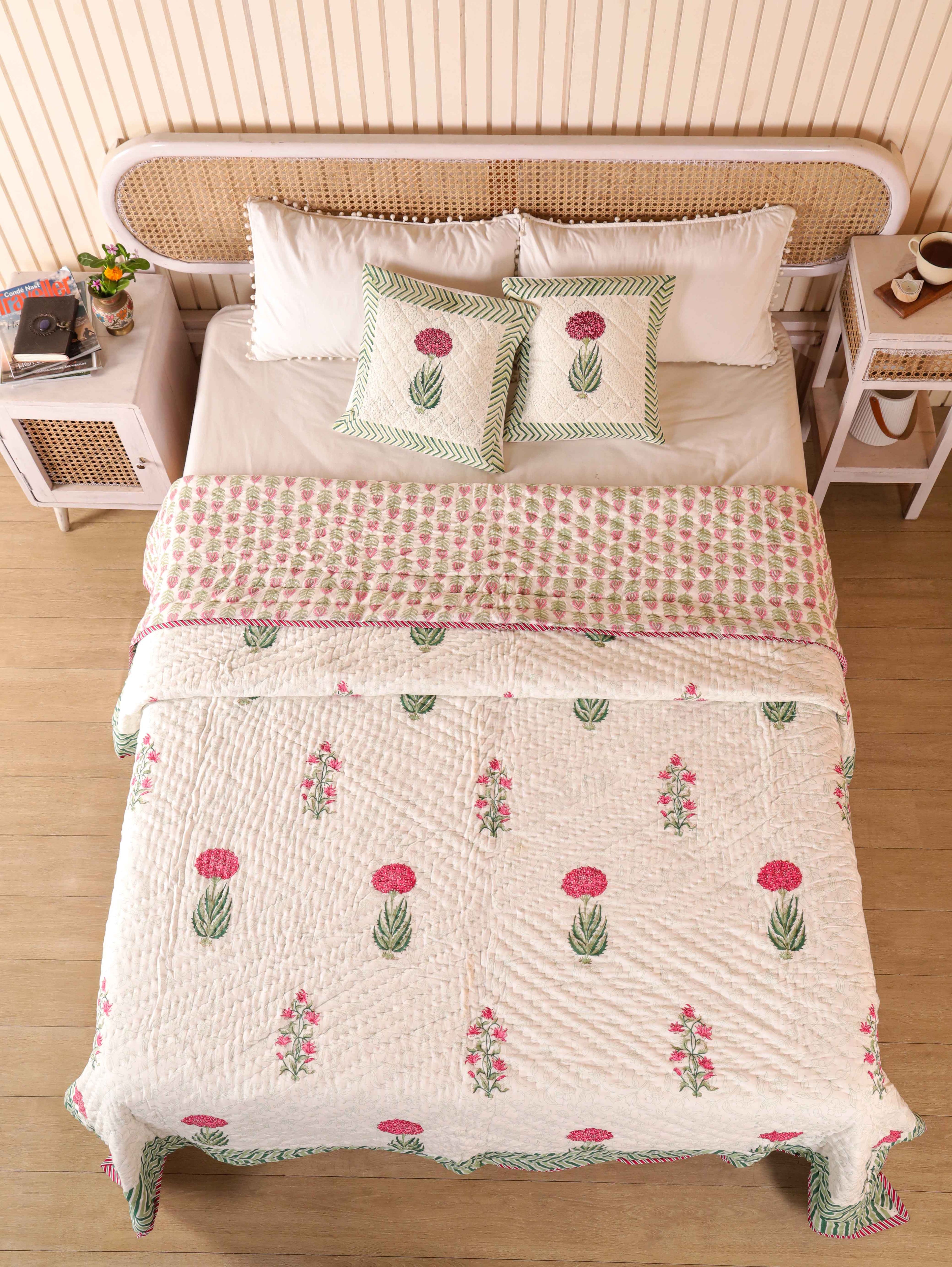 IMPERIAL MUGAL MOTIF HAND BLOCK PRINT REVERSIBLE COTTON QUILT/RAZAI
