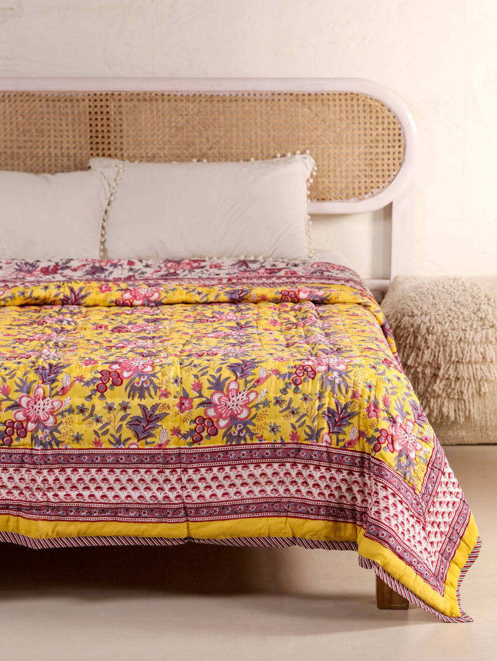 CLASSIC YELLOW MEHRAB HAND BLOCK PRINT REVERSIBLE COTTON QUILT/RAZAI