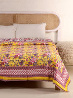 CLASSIC YELLOW MEHRAB HAND BLOCK PRINT REVERSIBLE COTTON QUILT/RAZAI