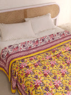 CLASSIC YELLOW MEHRAB HAND BLOCK PRINT REVERSIBLE COTTON QUILT/RAZAI