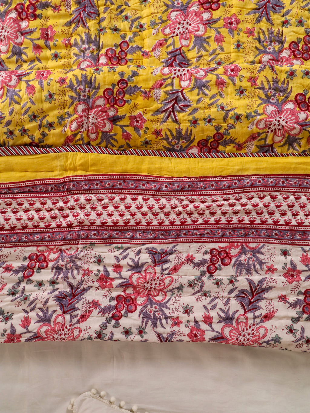 CLASSIC YELLOW MEHRAB HAND BLOCK PRINT REVERSIBLE COTTON QUILT/RAZAI