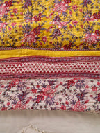 CLASSIC YELLOW MEHRAB HAND BLOCK PRINT REVERSIBLE COTTON QUILT/RAZAI