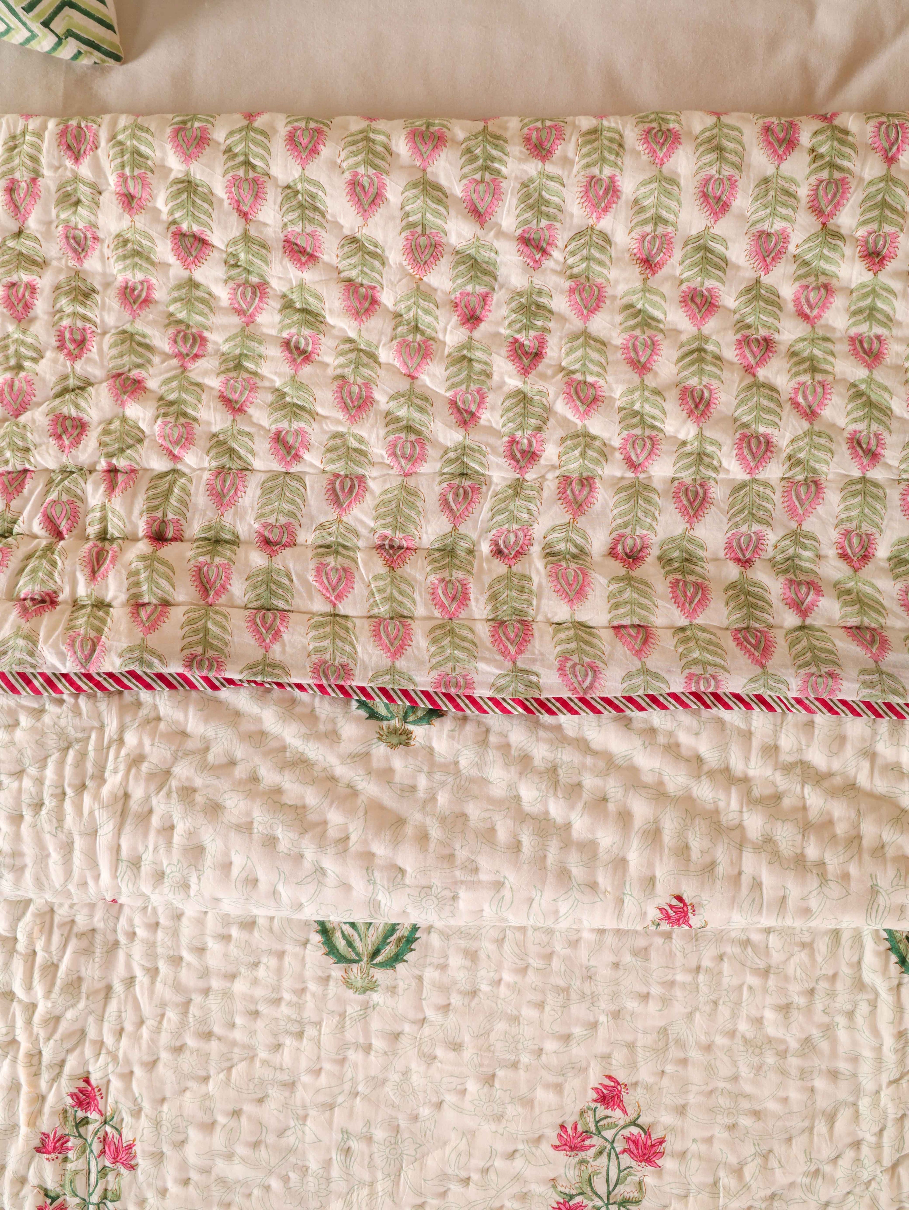 IMPERIAL MUGAL MOTIF HAND BLOCK PRINT REVERSIBLE COTTON QUILT/RAZAI