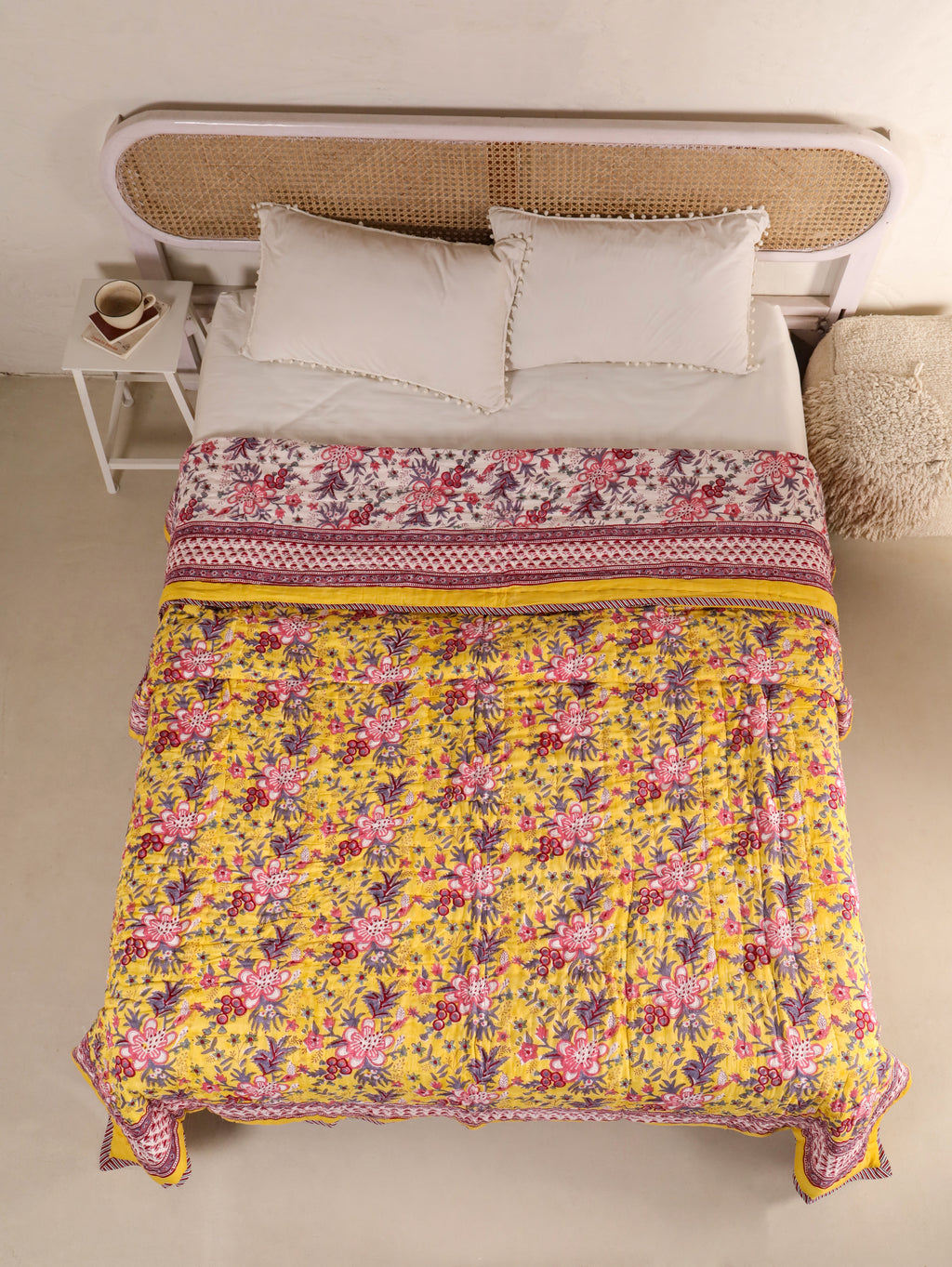 CLASSIC YELLOW MEHRAB HAND BLOCK PRINT REVERSIBLE COTTON QUILT/RAZAI