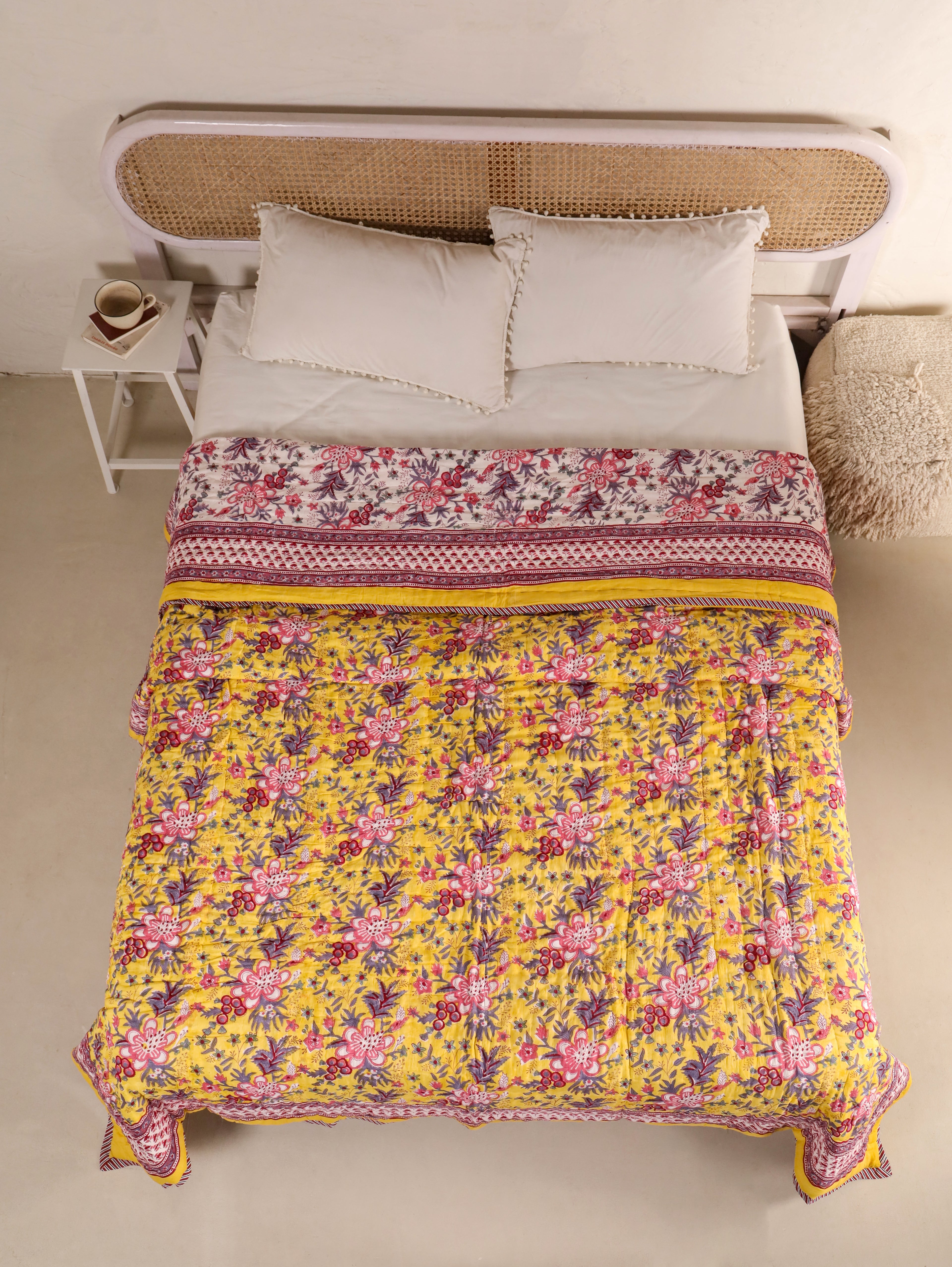 CLASSIC YELLOW MEHRAB HAND BLOCK PRINT REVERSIBLE COTTON QUILT/RAZAI