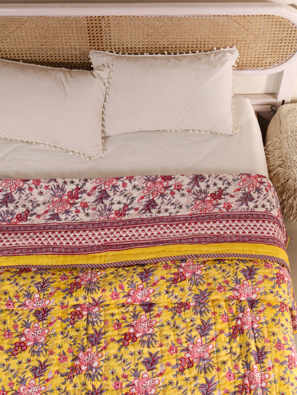 CLASSIC YELLOW MEHRAB HAND BLOCK PRINT REVERSIBLE COTTON QUILT/RAZAI