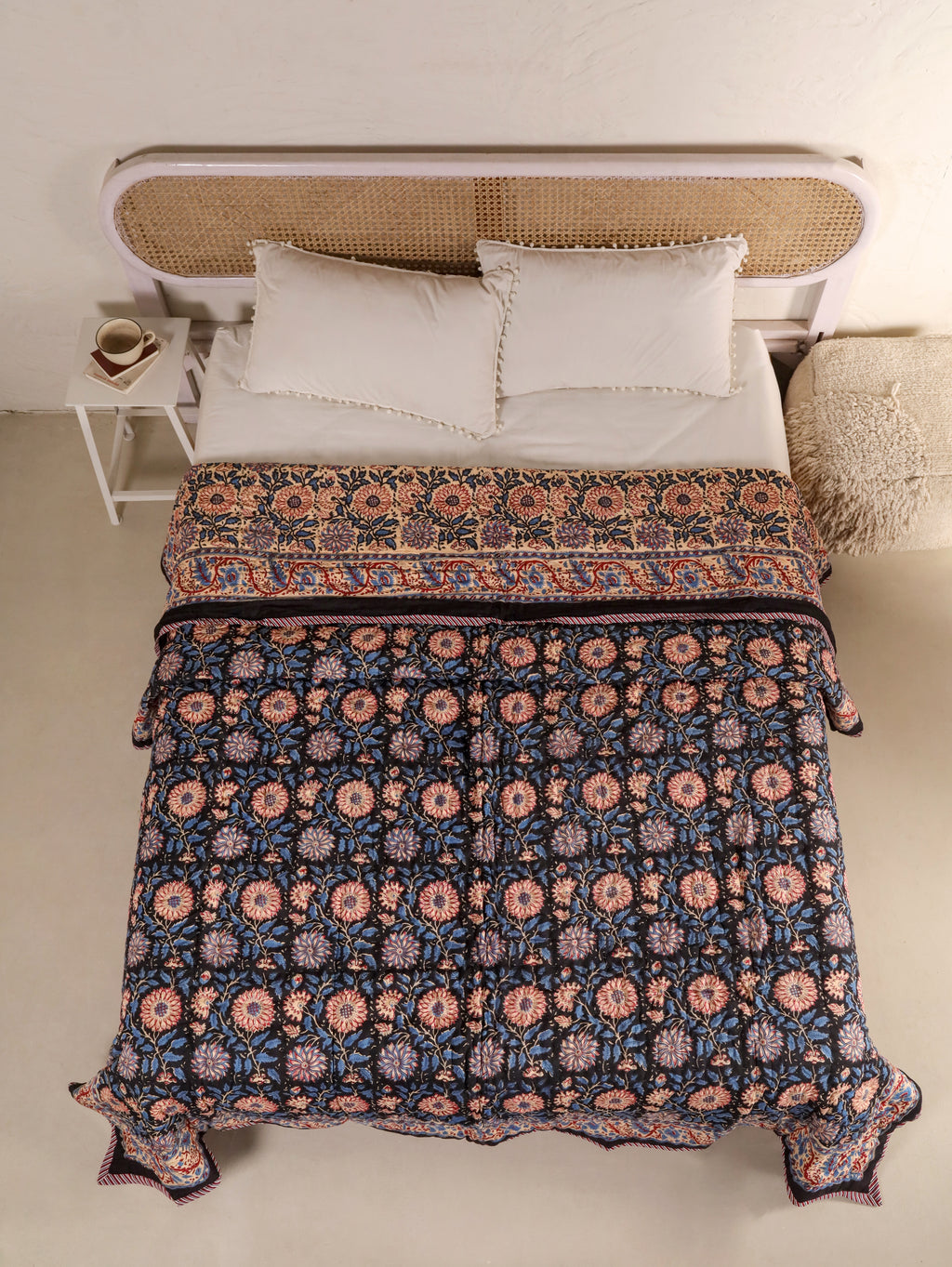 DEEP BLACK FOREST HAND BLOCK PRINT REVERSIBLE COTTON QUILT/RAZAI