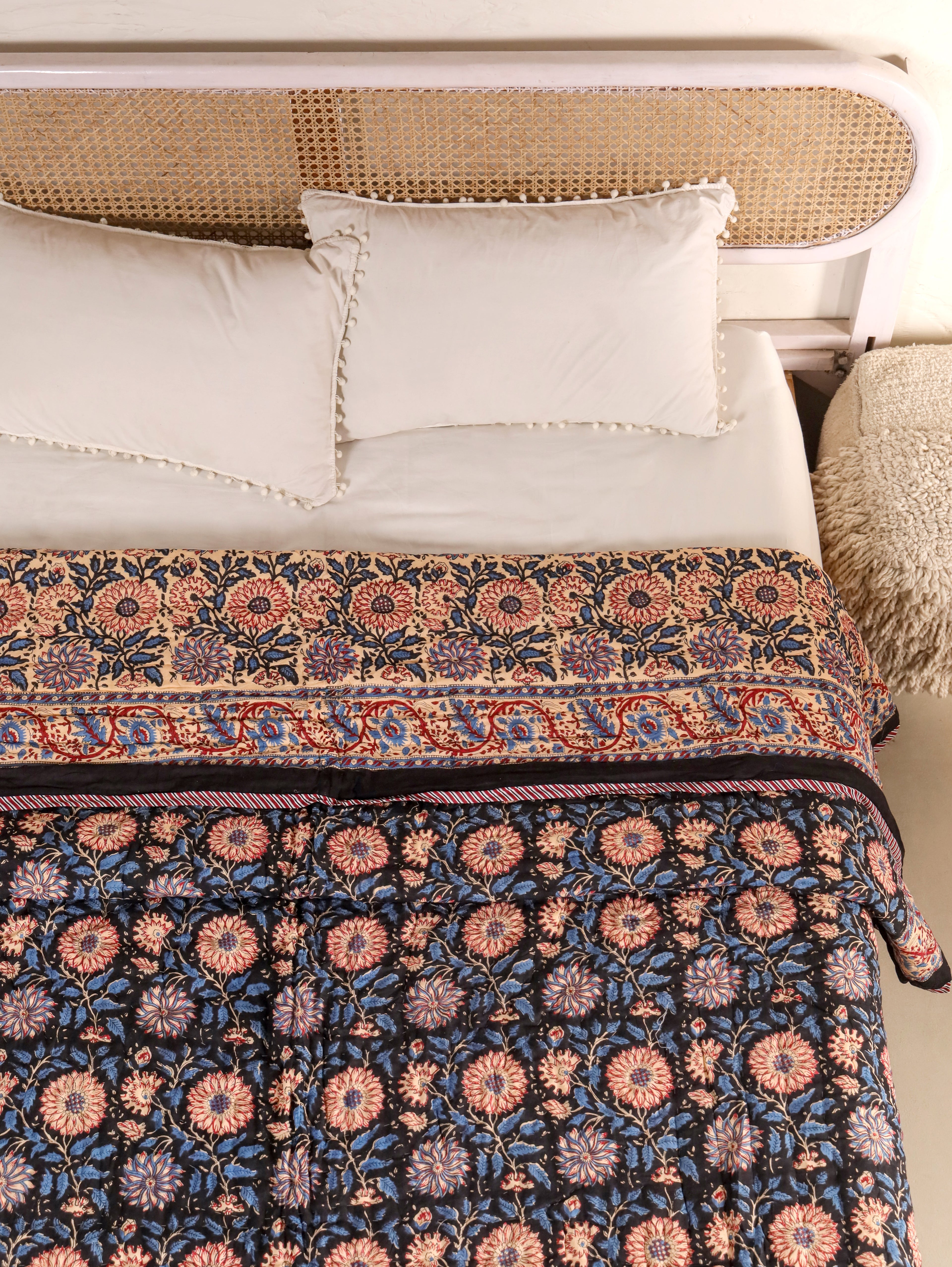 DEEP BLACK FOREST HAND BLOCK PRINT REVERSIBLE COTTON QUILT/RAZAI