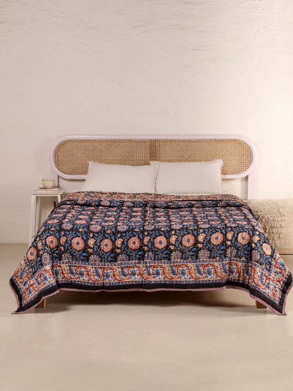 DEEP BLACK FOREST HAND BLOCK PRINT REVERSIBLE COTTON QUILT/RAZAI