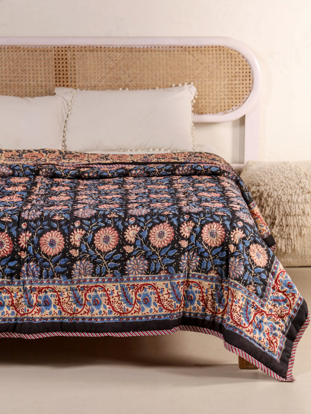 DEEP BLACK FOREST HAND BLOCK PRINT REVERSIBLE COTTON QUILT/RAZAI