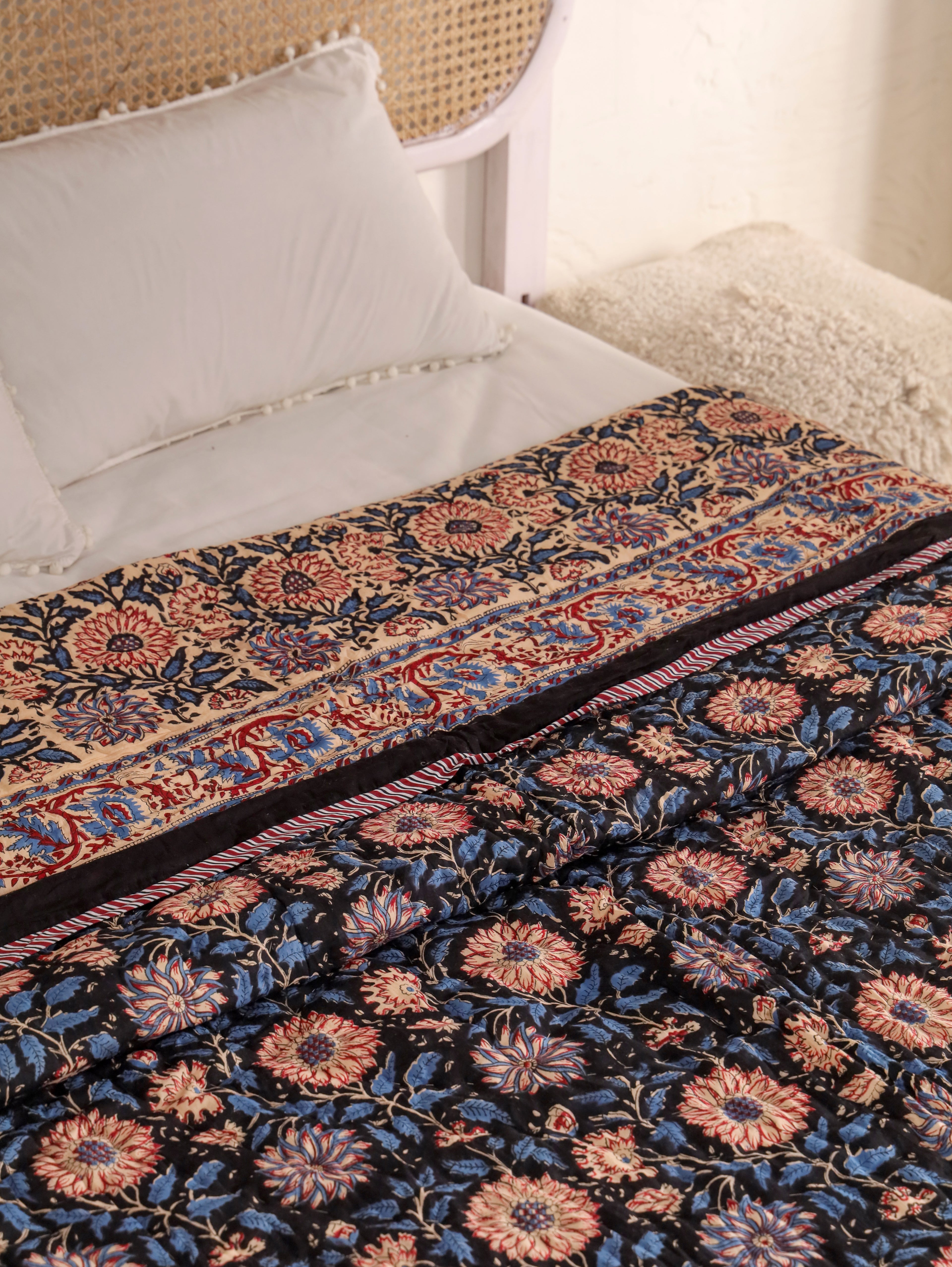 DEEP BLACK FOREST HAND BLOCK PRINT REVERSIBLE COTTON QUILT/RAZAI