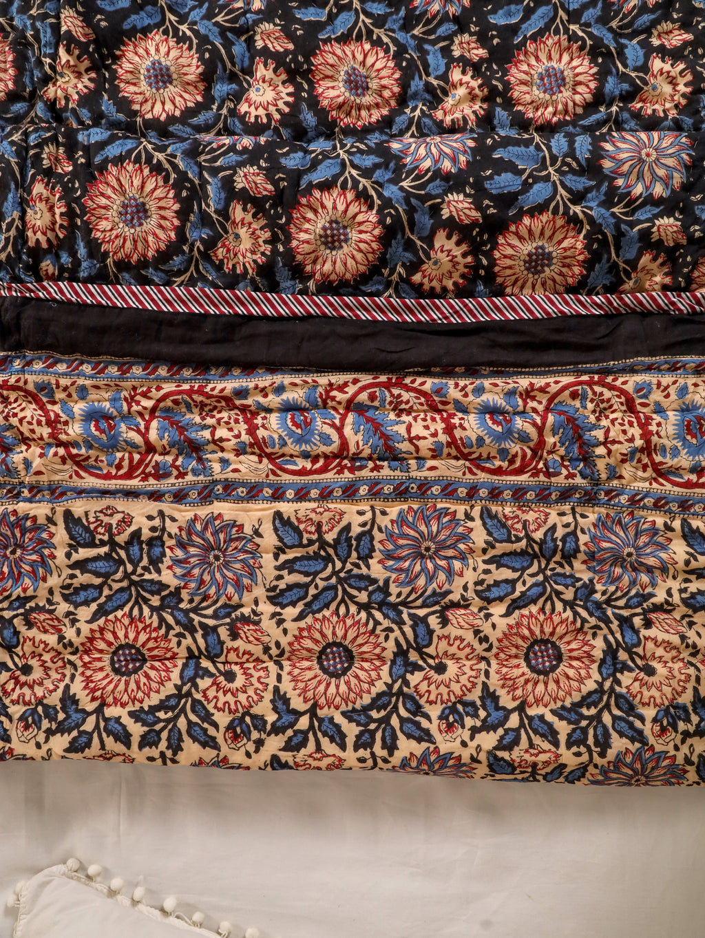 DEEP BLACK FOREST HAND BLOCK PRINT REVERSIBLE COTTON QUILT/RAZAI