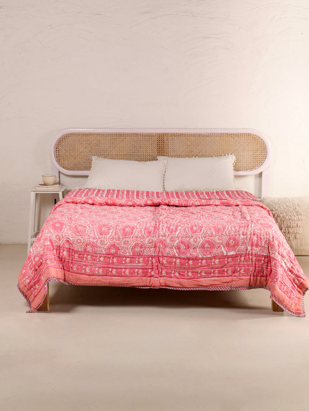 PINK ROSETTEL HAND BLOCK PRINT REVERSIBLE COTTON QUILT/RAZAI