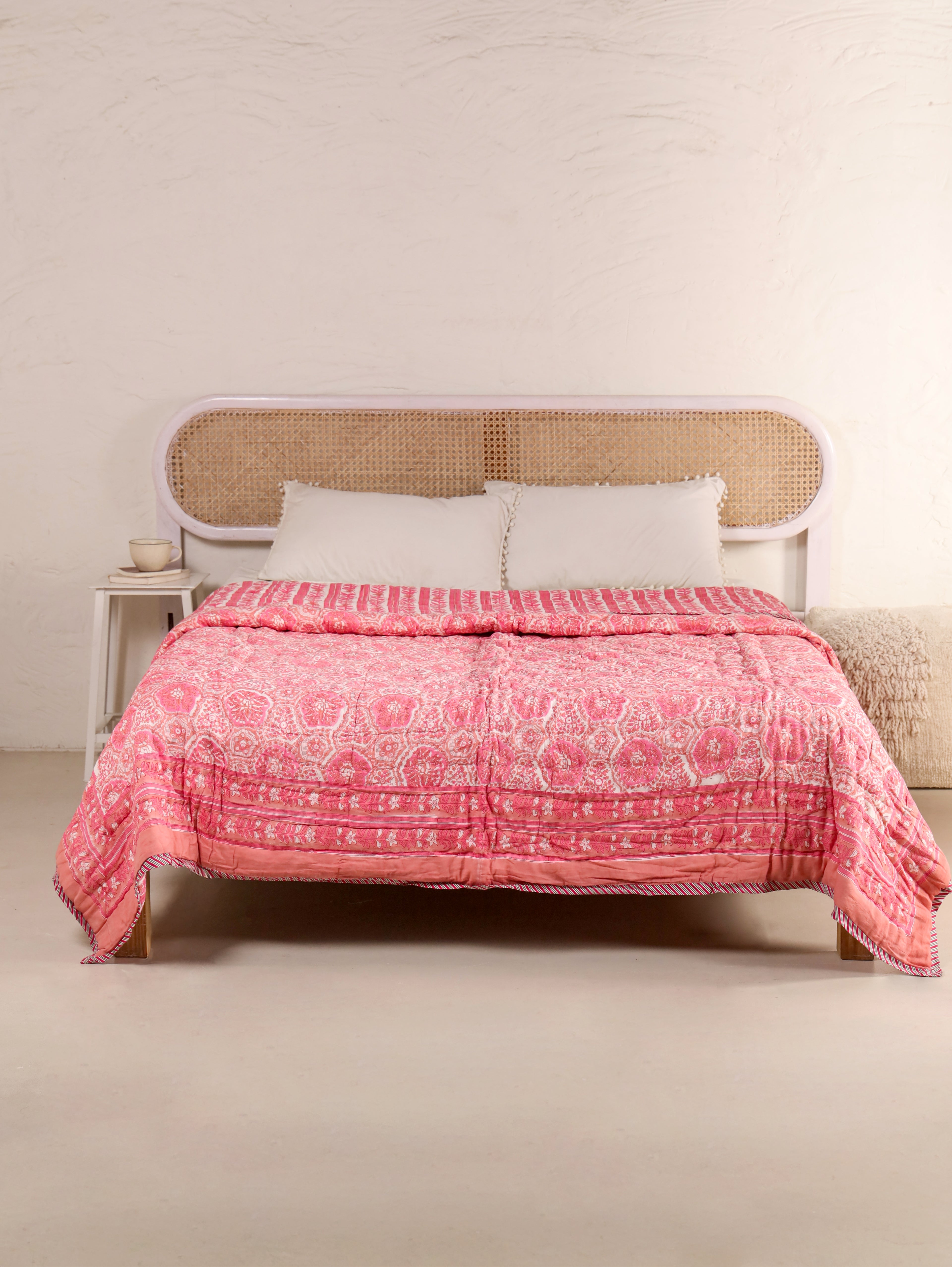 PINK ROSETTEL HAND BLOCK PRINT REVERSIBLE COTTON QUILT/RAZAI