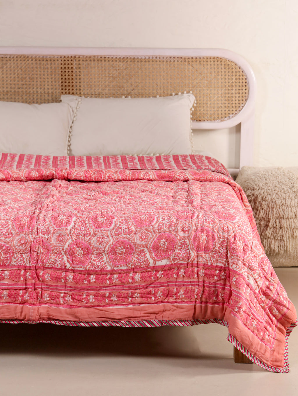 PINK ROSETTEL HAND BLOCK PRINT REVERSIBLE COTTON QUILT/RAZAI