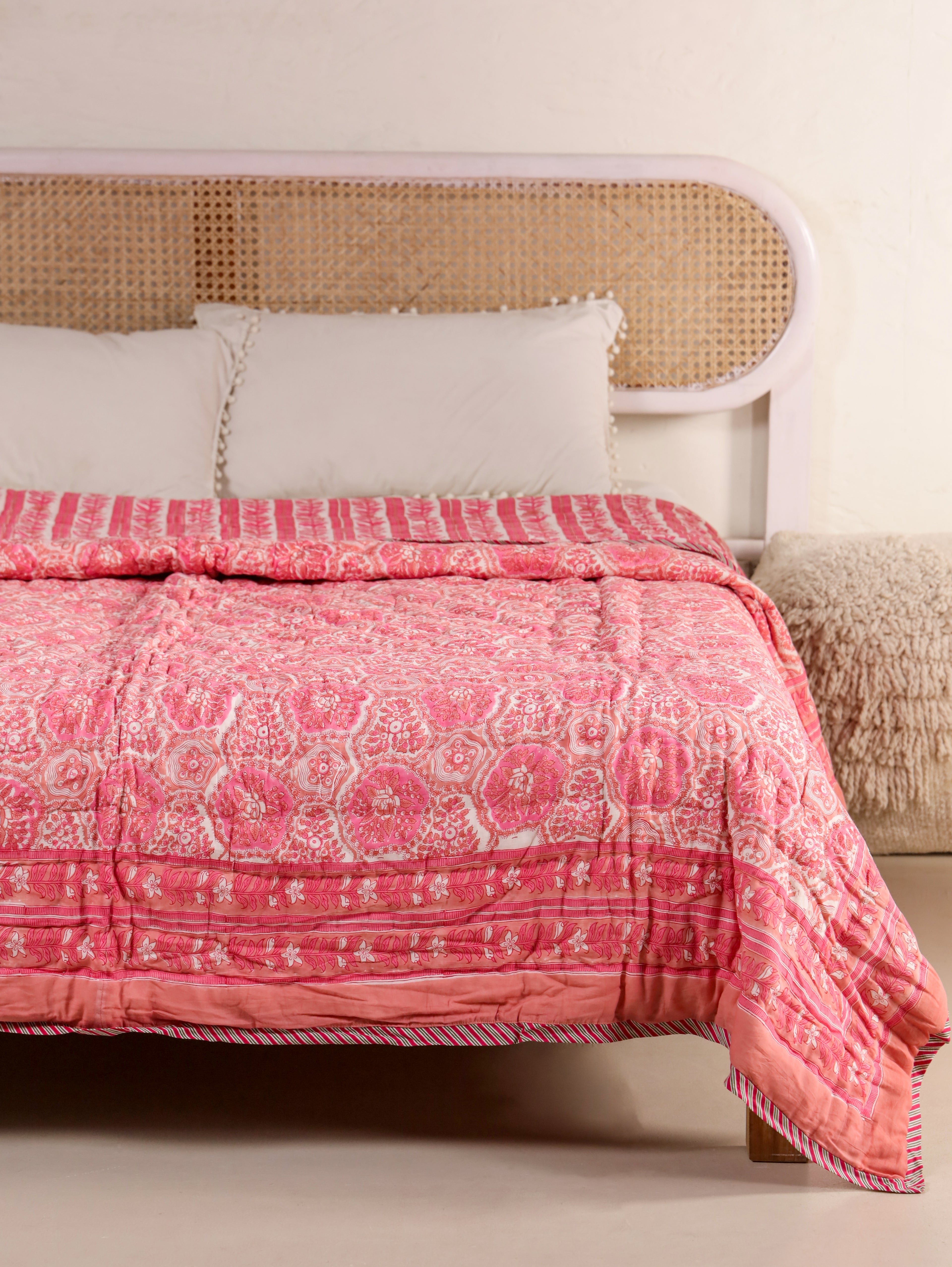 PINK ROSETTEL HAND BLOCK PRINT REVERSIBLE COTTON QUILT/RAZAI