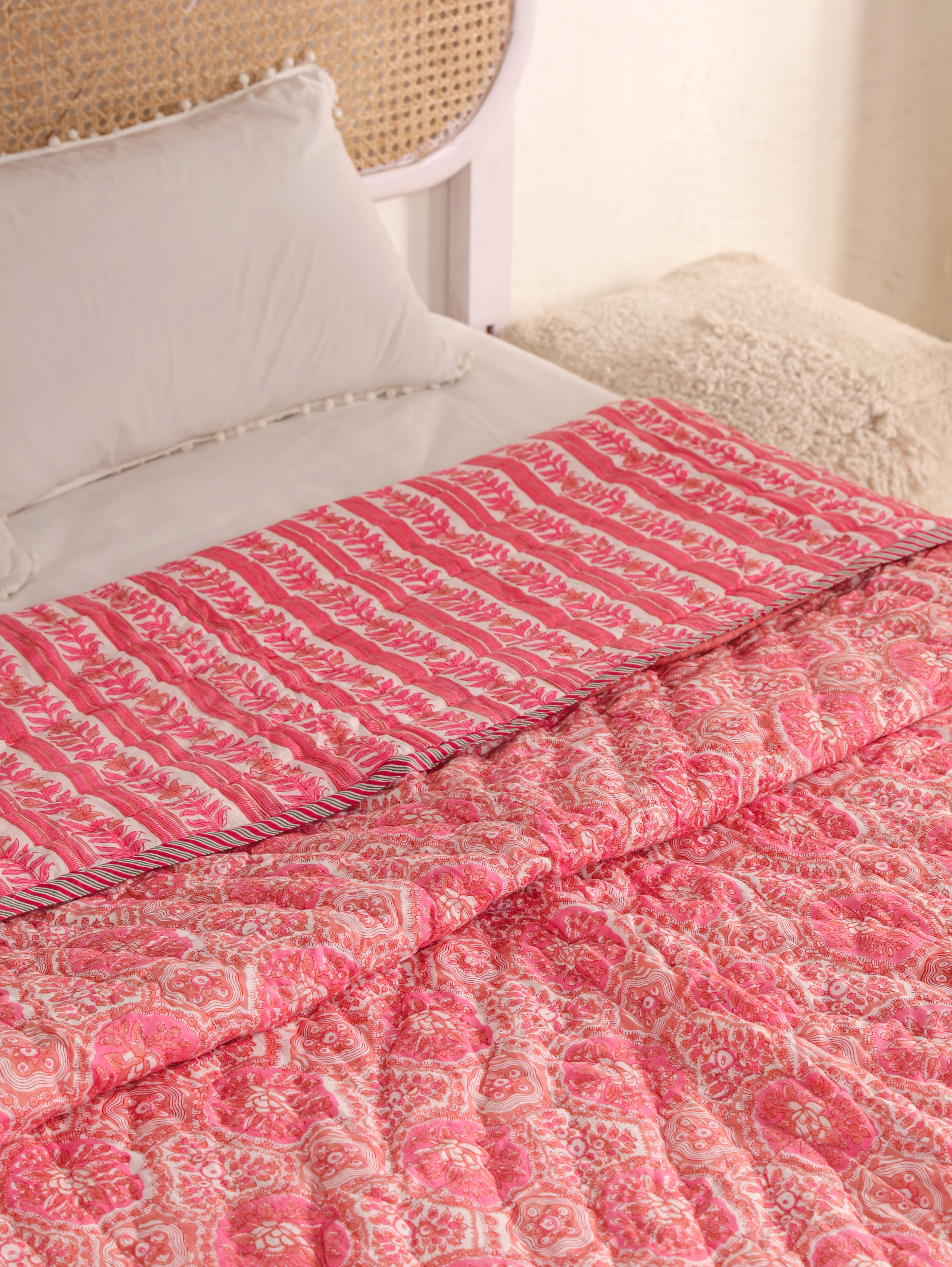 PINK ROSETTEL HAND BLOCK PRINT REVERSIBLE COTTON QUILT/RAZAI
