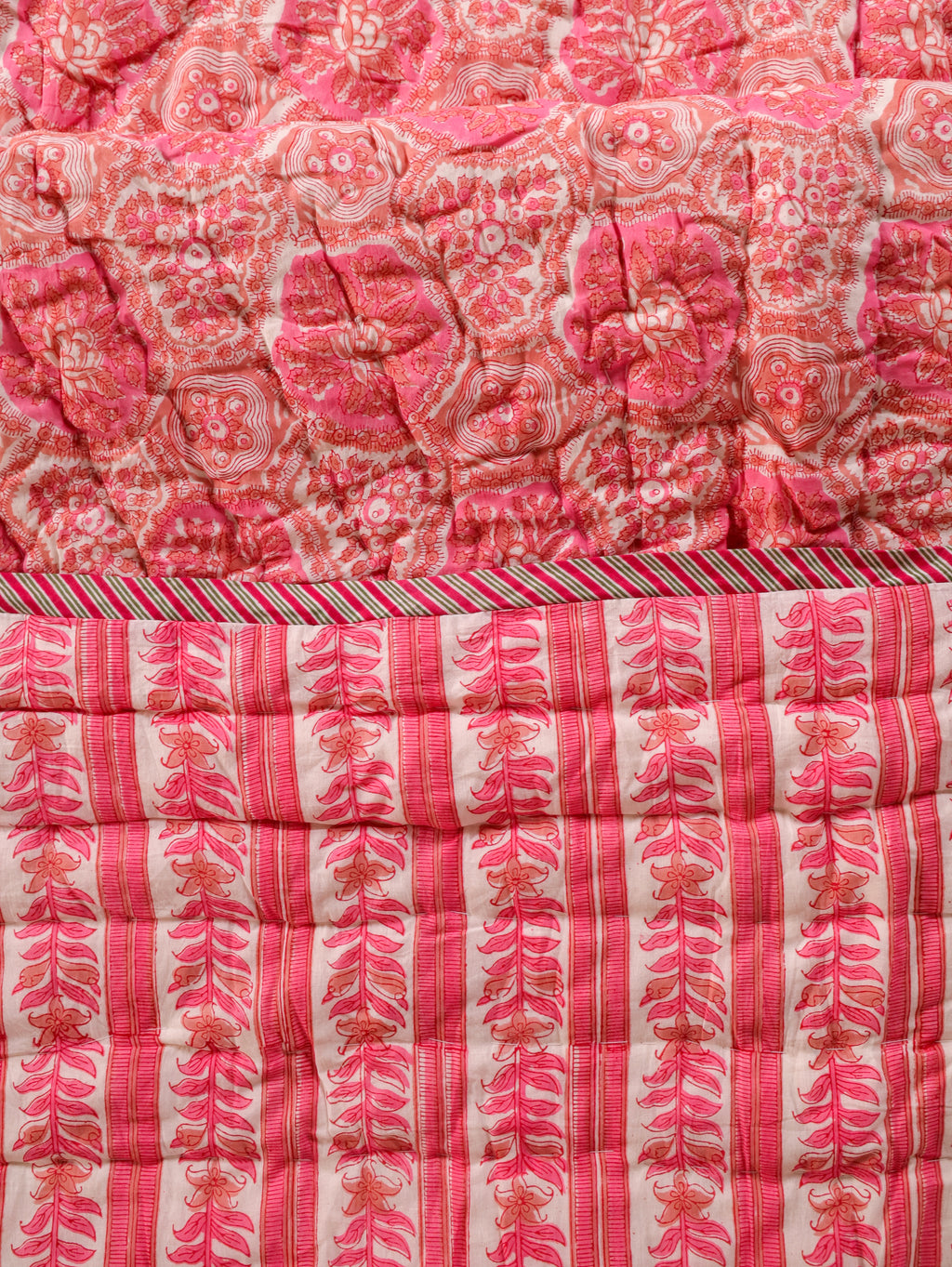 PINK ROSETTEL HAND BLOCK PRINT REVERSIBLE COTTON QUILT/RAZAI