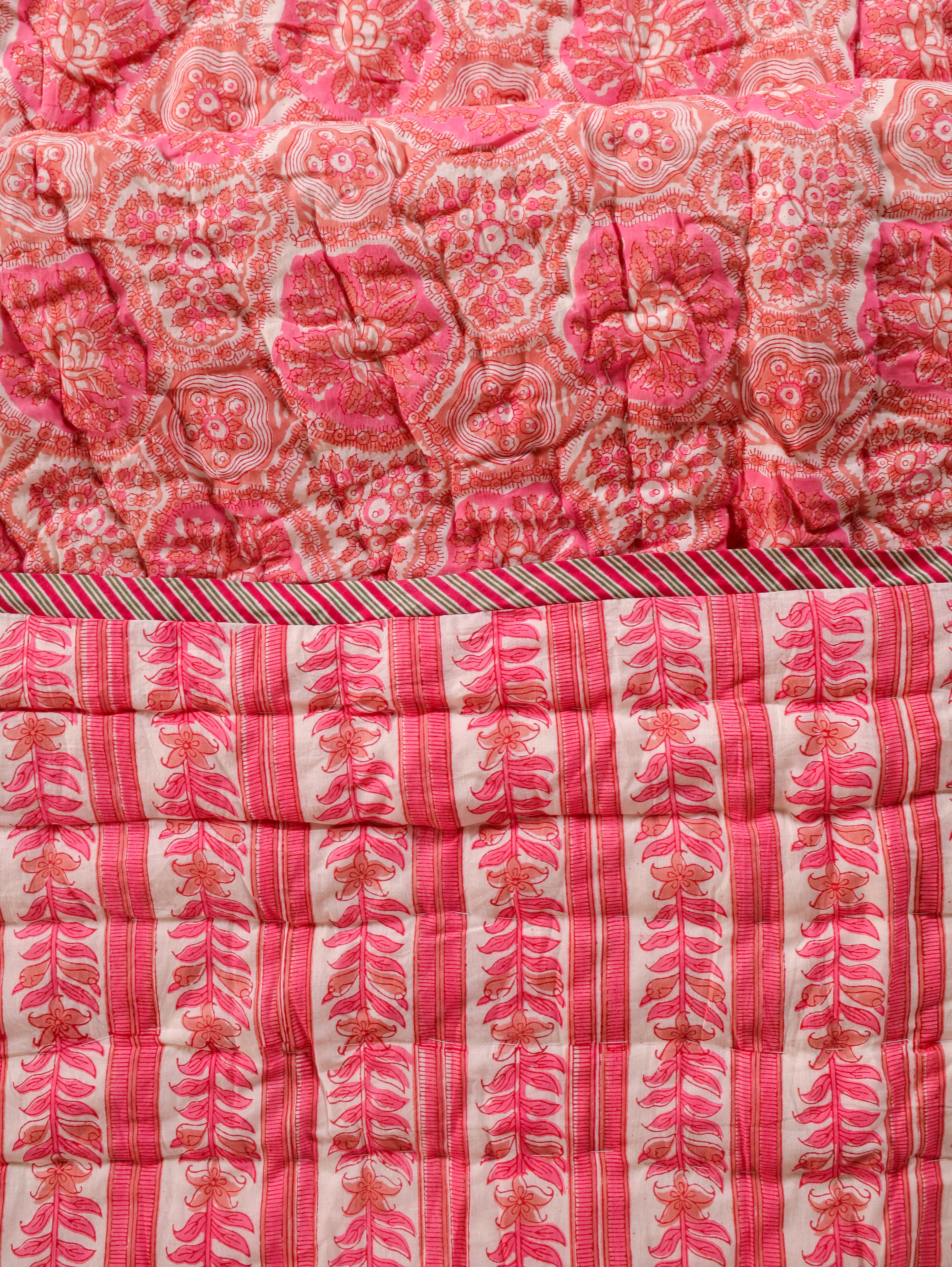 PINK ROSETTEL HAND BLOCK PRINT REVERSIBLE COTTON QUILT/RAZAI