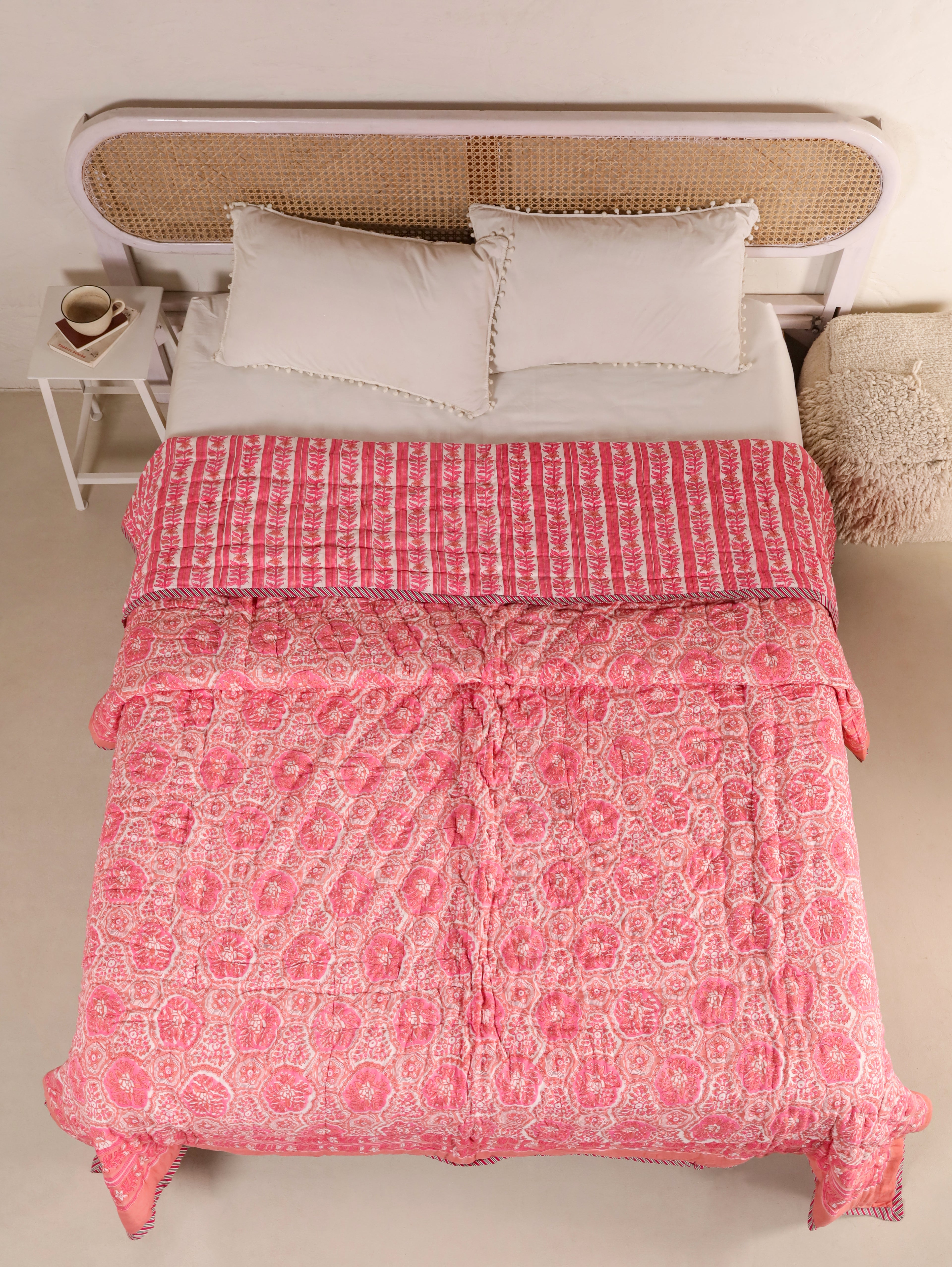 PINK ROSETTEL HAND BLOCK PRINT REVERSIBLE COTTON QUILT/RAZAI