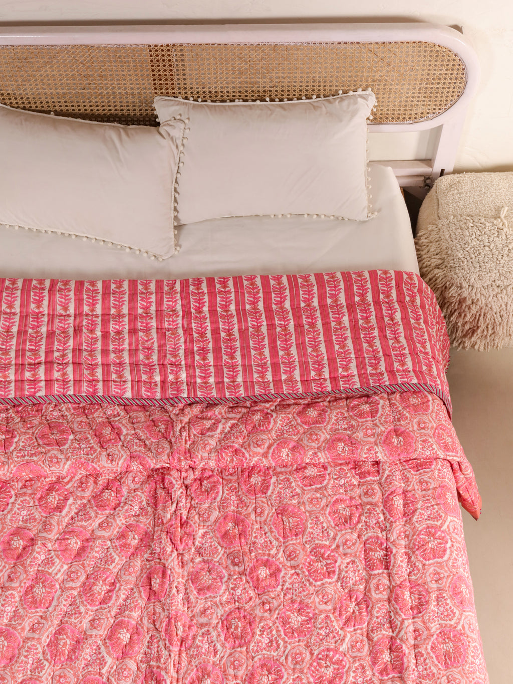 PINK ROSETTEL HAND BLOCK PRINT REVERSIBLE COTTON QUILT/RAZAI
