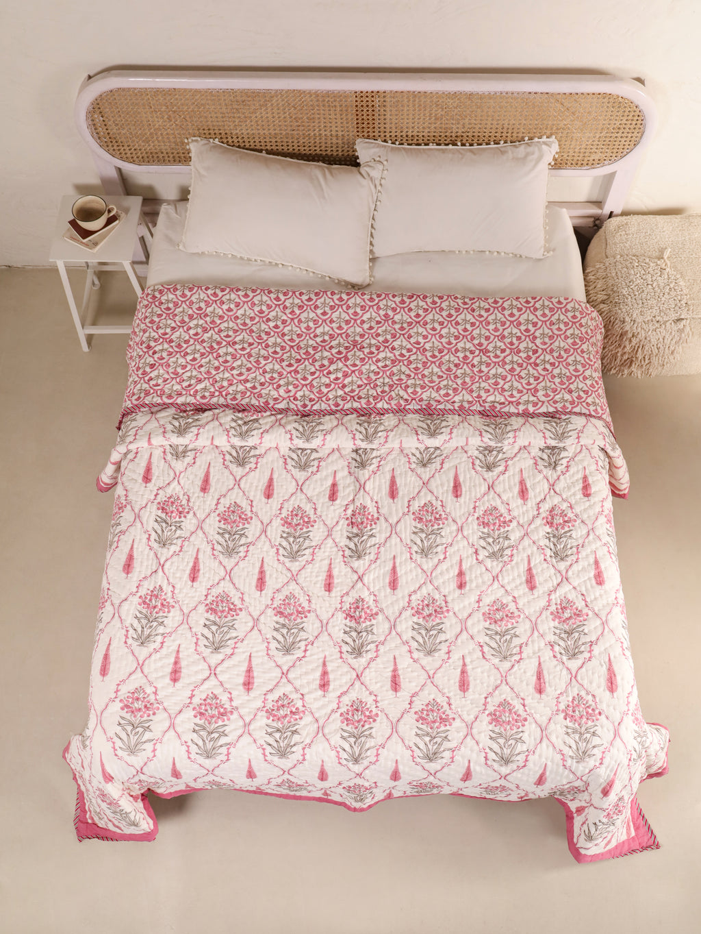 RANI BAGH PINK JAAL HAND BLOCK PRINT REVERSIBLE COTTON QUILT/RAZAI