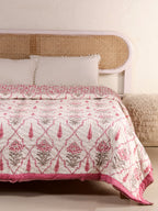 RANI BAGH PINK JAAL HAND BLOCK PRINT REVERSIBLE COTTON QUILT/RAZAI