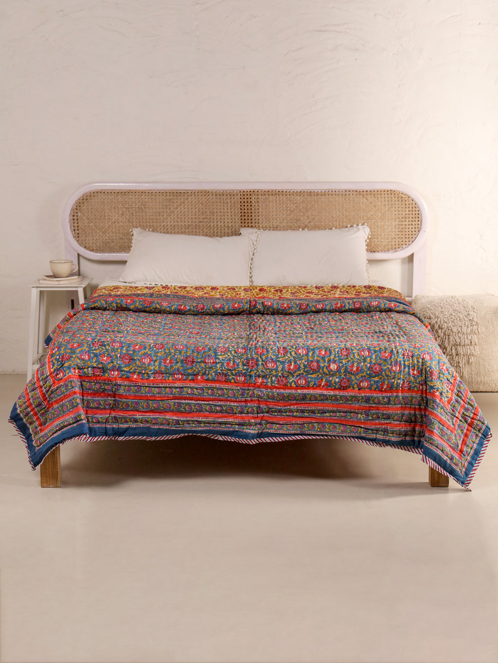 DEEP BLUE MEHRAB JAAL HAND BLOCK PRINT REVERSIBLE COTTON QUILT/RAZAI
