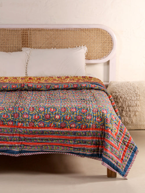DEEP BLUE MEHRAB JAAL HAND BLOCK PRINT REVERSIBLE COTTON QUILT/RAZAI