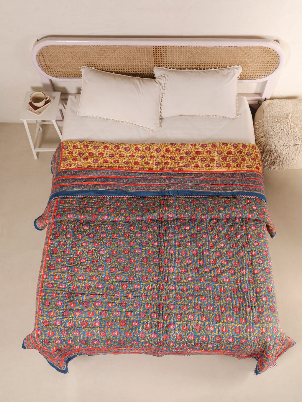 DEEP BLUE MEHRAB JAAL HAND BLOCK PRINT REVERSIBLE COTTON QUILT/RAZAI