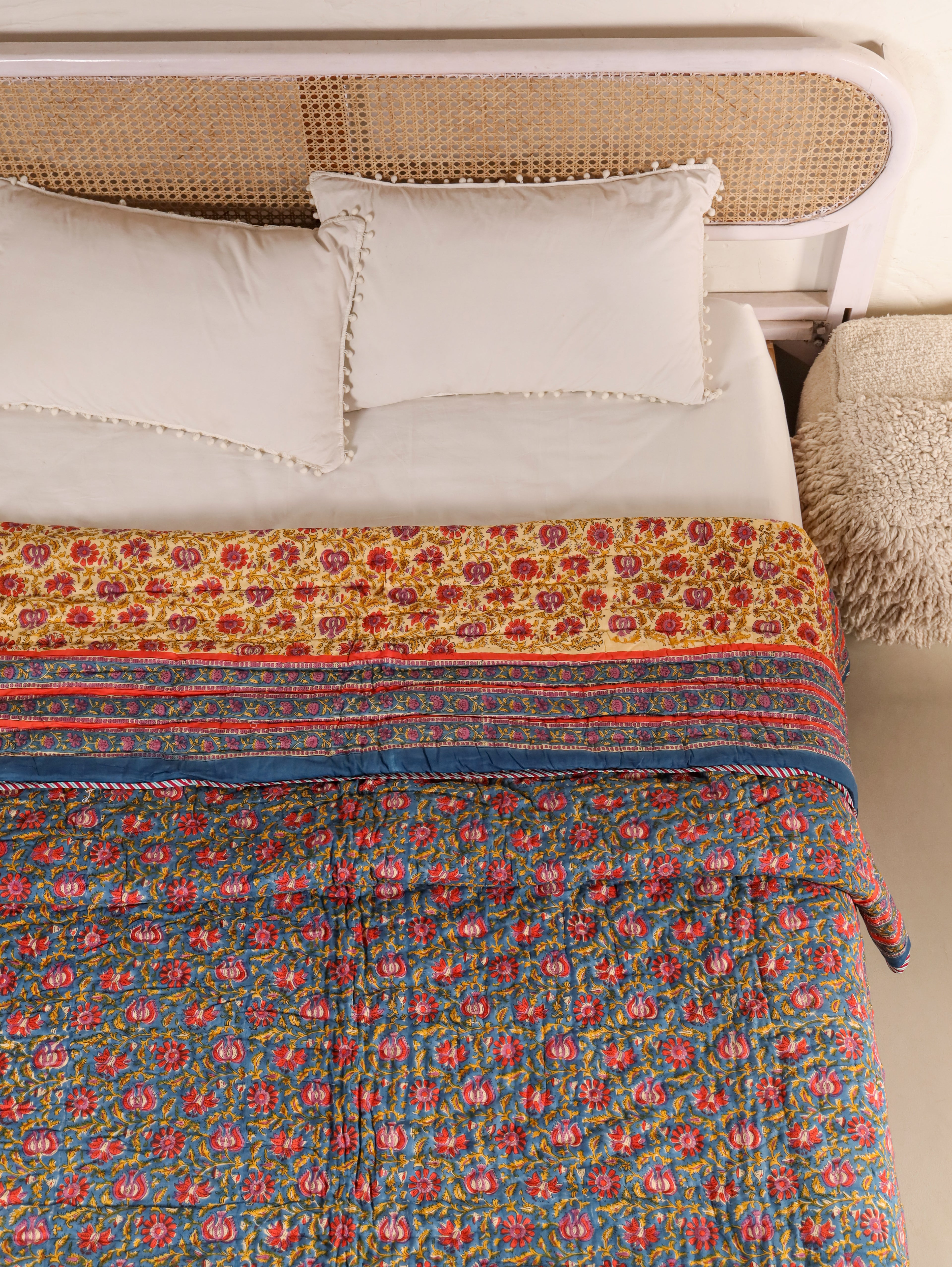 DEEP BLUE MEHRAB JAAL HAND BLOCK PRINT REVERSIBLE COTTON QUILT/RAZAI