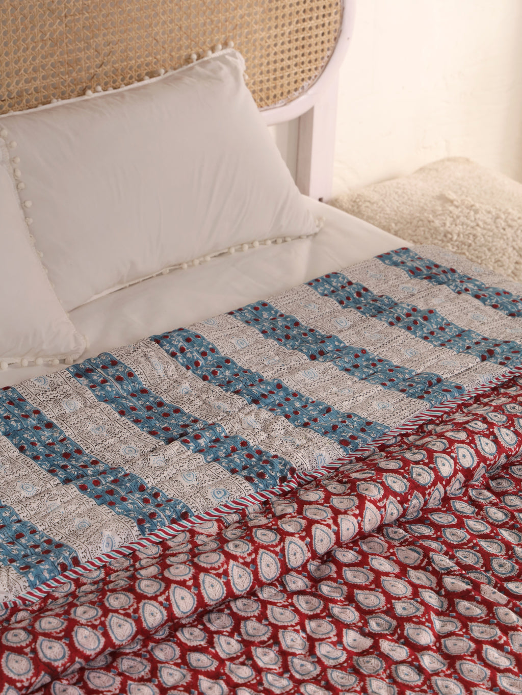 CLASSIC RED ANOKHI BUTTI HAND BLOCK PRINT REVERSIBLE COTTON QUILT/RAZAI