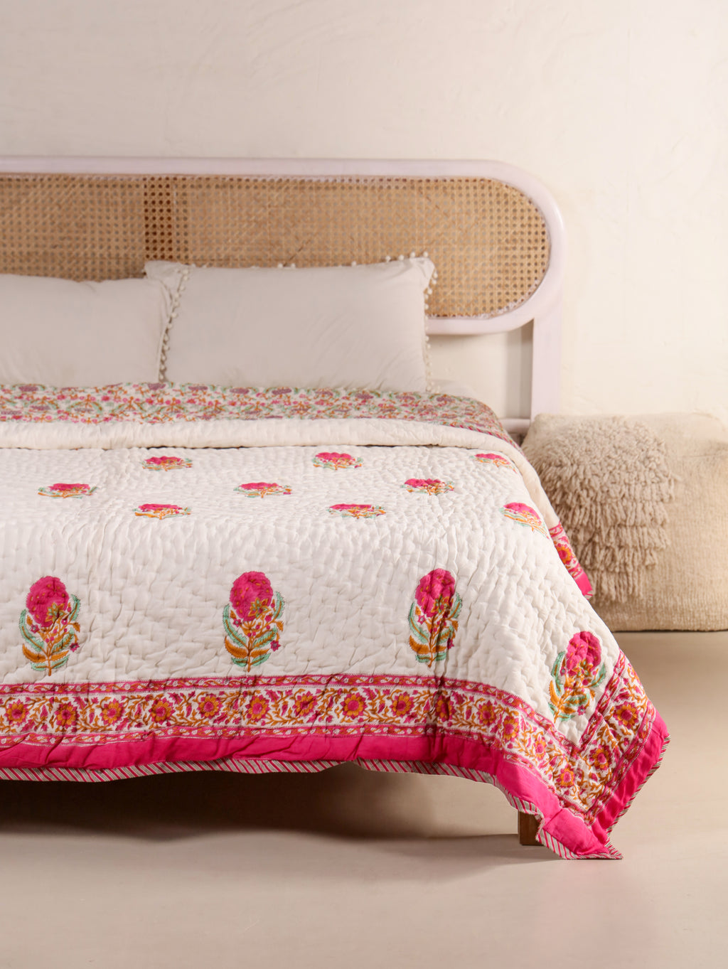 SHAHI GULAB BUTTA JAAL HAND BLOCK PRINT REVERSIBLE COTTON QUILT/RAZAI