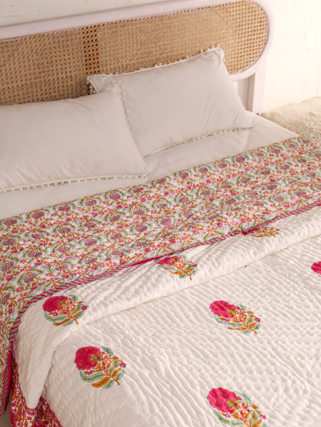 SHAHI GULAB BUTTA JAAL HAND BLOCK PRINT REVERSIBLE COTTON QUILT/RAZAI