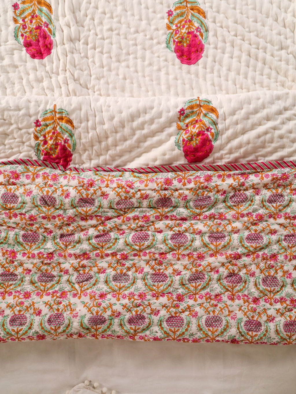 SHAHI GULAB BUTTA JAAL HAND BLOCK PRINT REVERSIBLE COTTON QUILT/RAZAI