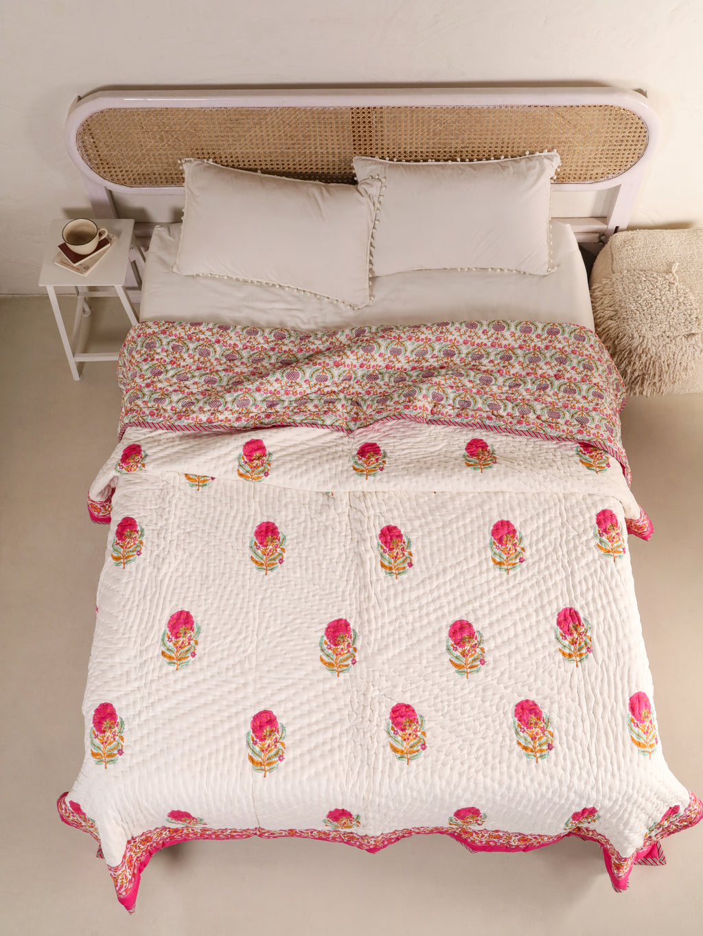 SHAHI GULAB BUTTA JAAL HAND BLOCK PRINT REVERSIBLE COTTON QUILT/RAZAI