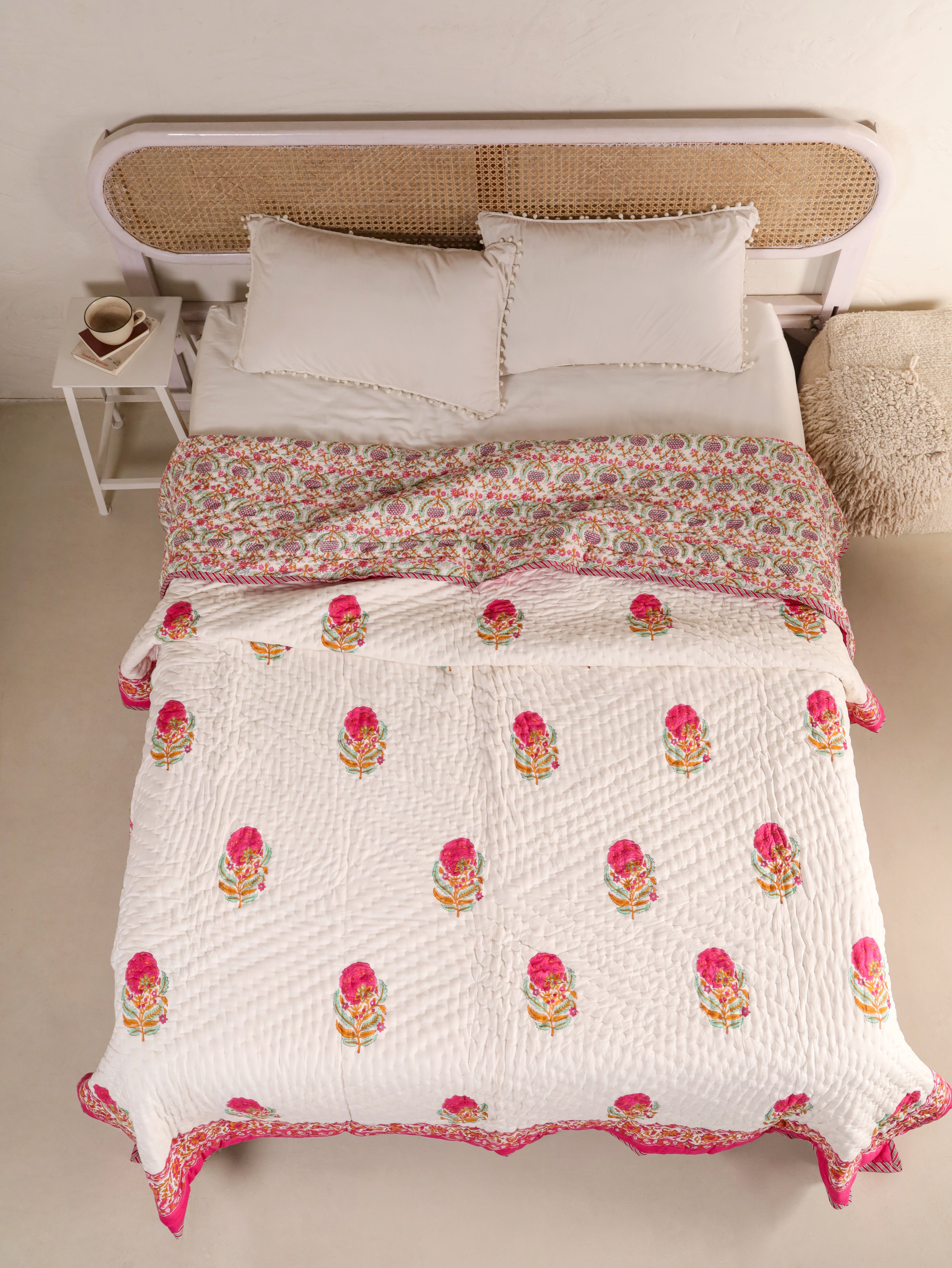 SHAHI GULAB BUTTA JAAL HAND BLOCK PRINT REVERSIBLE COTTON QUILT/RAZAI