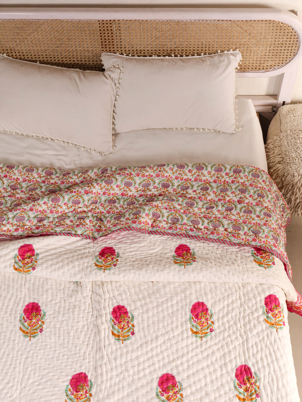 SHAHI GULAB BUTTA JAAL HAND BLOCK PRINT REVERSIBLE COTTON QUILT/RAZAI