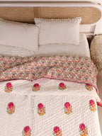 SHAHI GULAB BUTTA JAAL HAND BLOCK PRINT REVERSIBLE COTTON QUILT/RAZAI