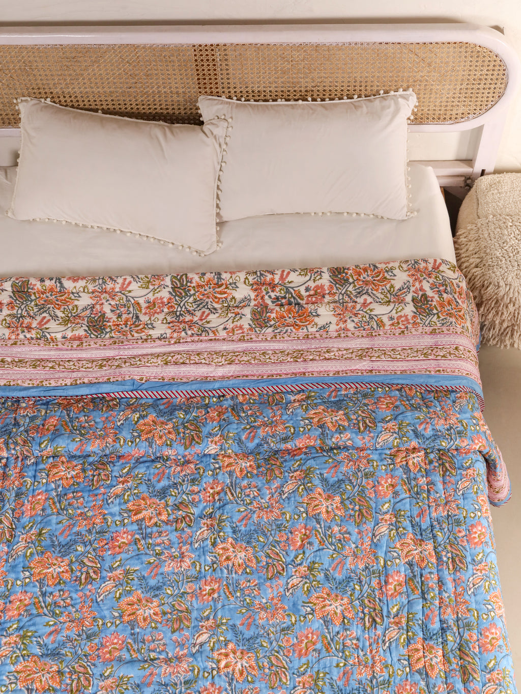 ROYAL BLUE RATANA JAAL HAND BLOCK PRINT REVERSIBLE COTTON QUILT/RAZAI