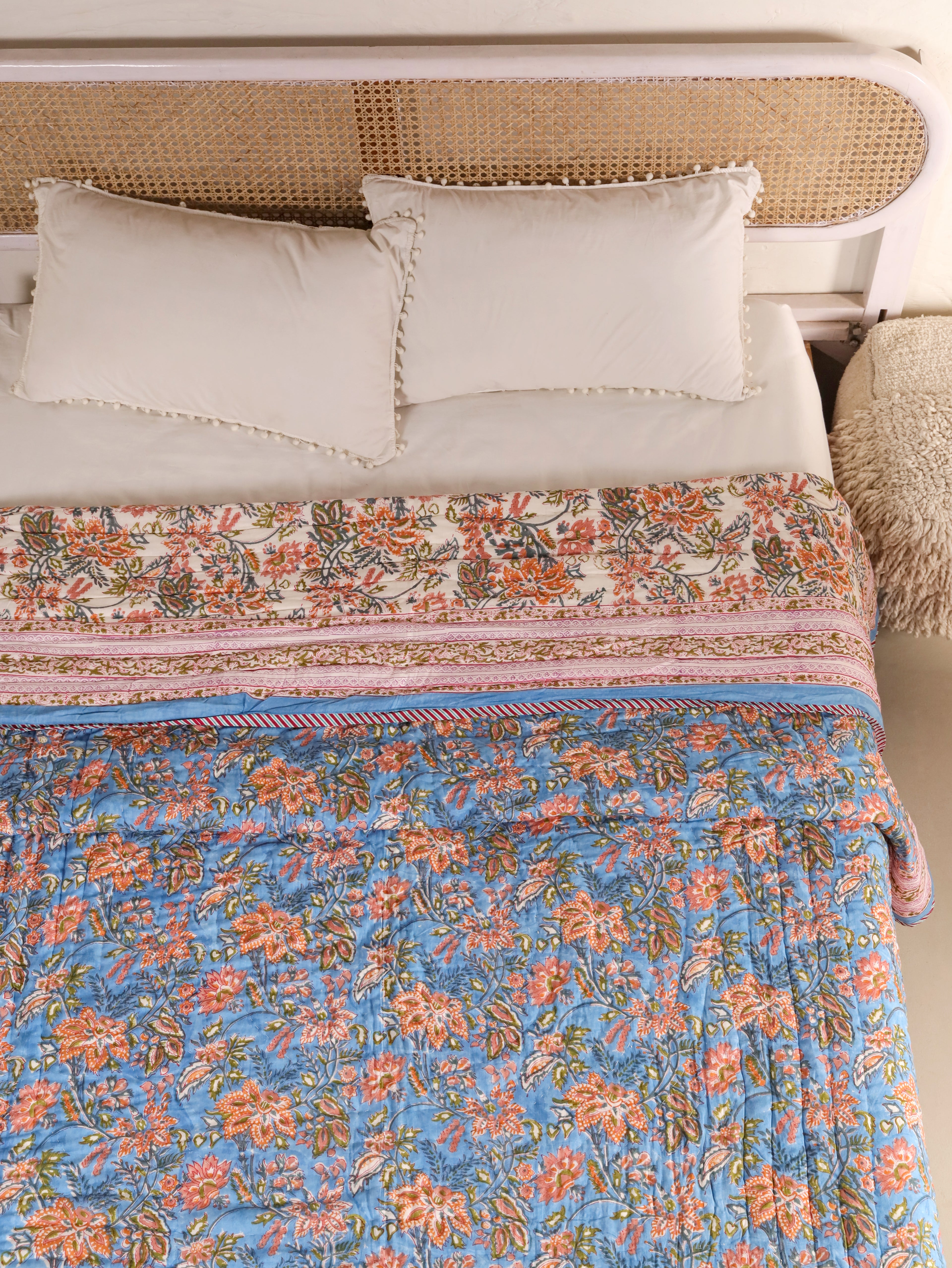 ROYAL BLUE RATANA JAAL HAND BLOCK PRINT REVERSIBLE COTTON QUILT/RAZAI