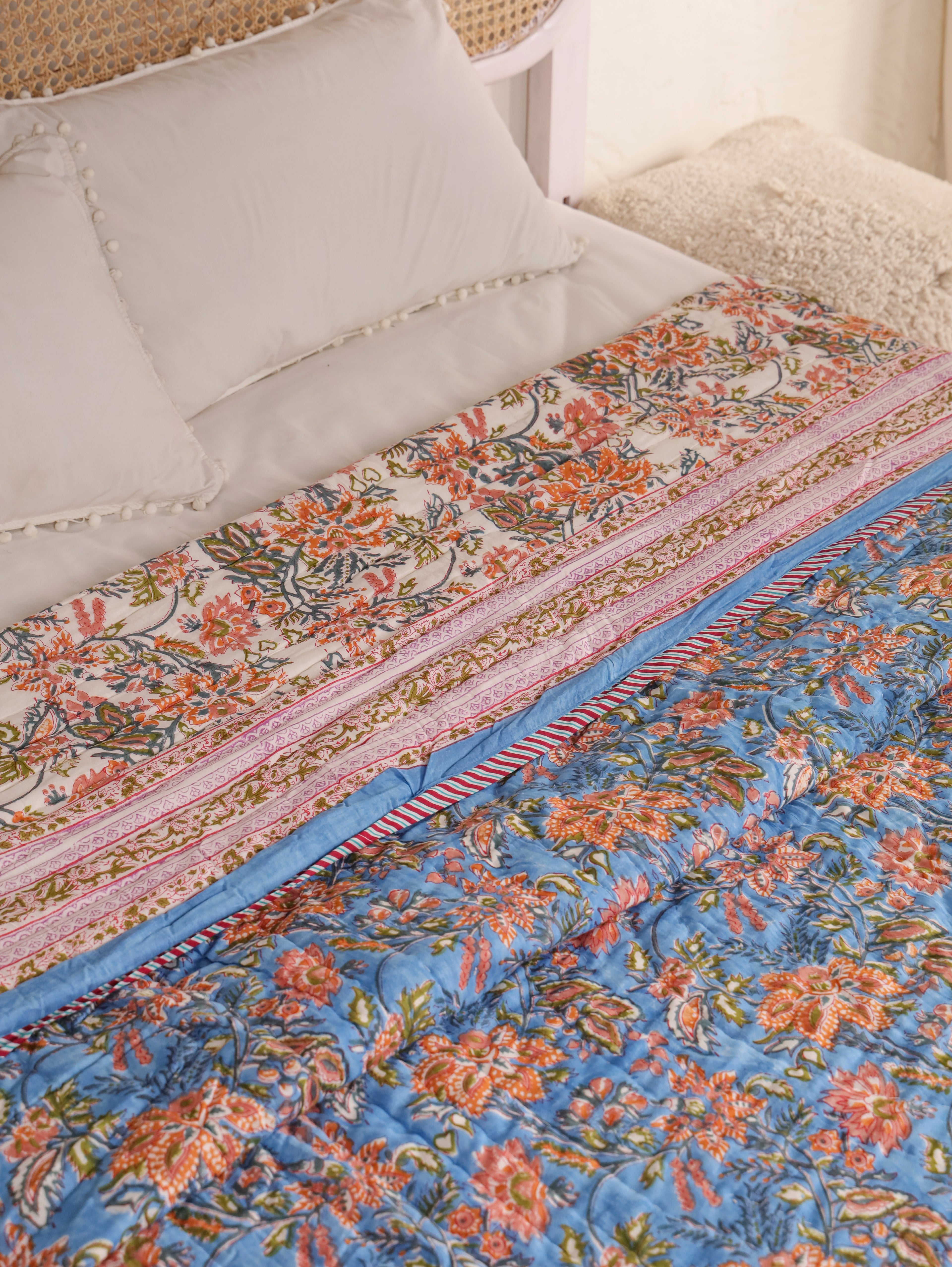 ROYAL BLUE RATANA JAAL HAND BLOCK PRINT REVERSIBLE COTTON QUILT/RAZAI
