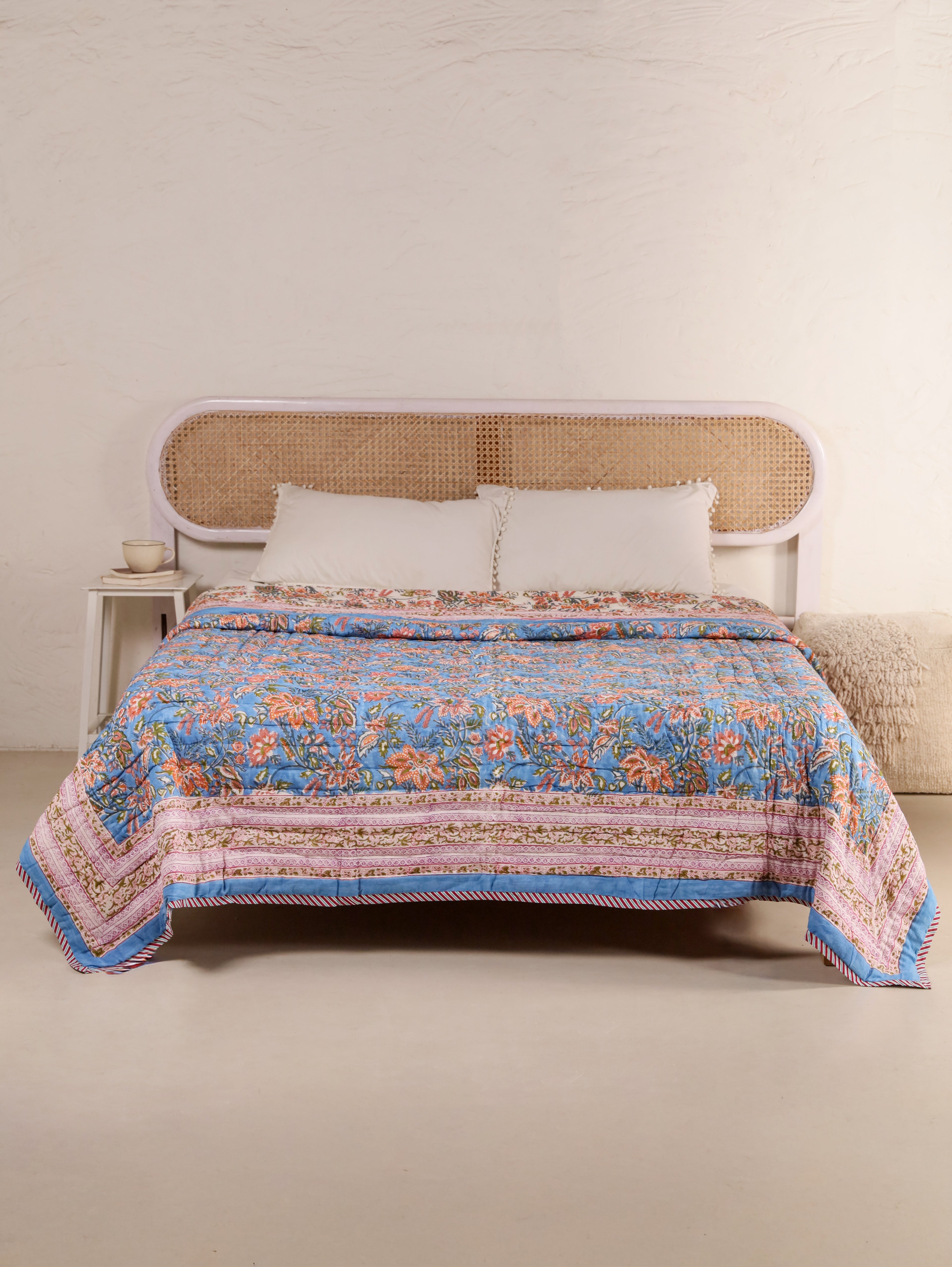 ROYAL BLUE RATANA JAAL HAND BLOCK PRINT REVERSIBLE COTTON QUILT/RAZAI
