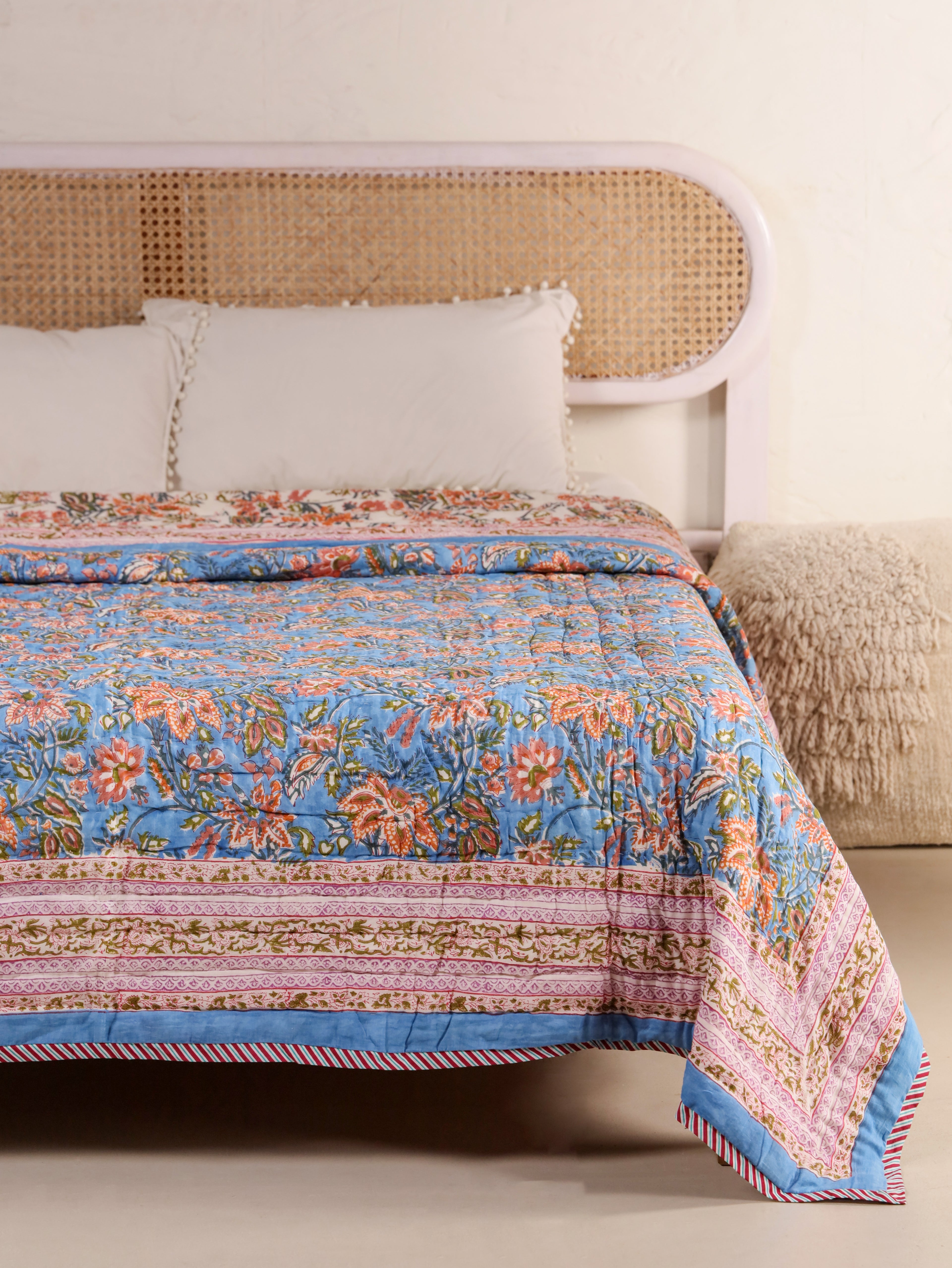 ROYAL BLUE RATANA JAAL HAND BLOCK PRINT REVERSIBLE COTTON QUILT/RAZAI