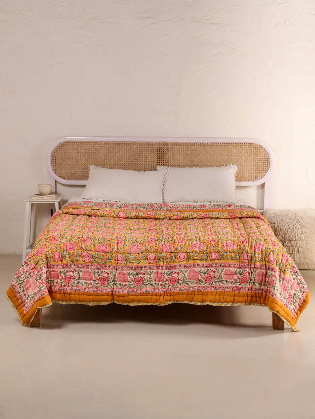 MUSTARD FLORAL GARDEN HAND BLOCK PRINT REVERSIBLE COTTON QUILT/RAZAI