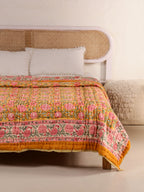 MUSTARD FLORAL GARDEN HAND BLOCK PRINT REVERSIBLE COTTON QUILT/RAZAI