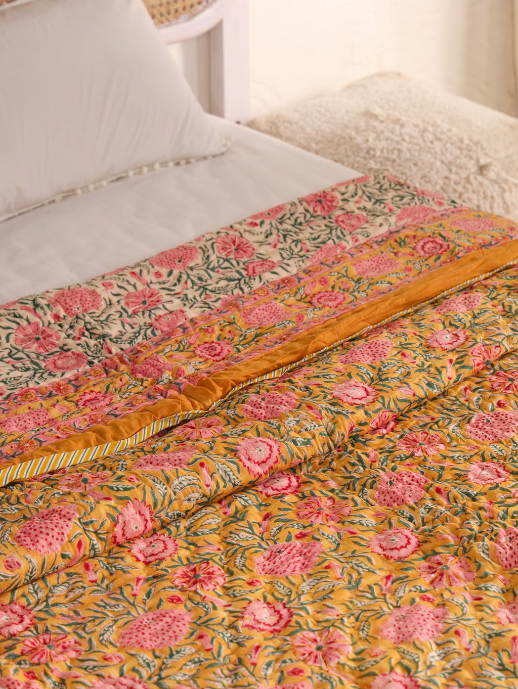 MUSTARD FLORAL GARDEN HAND BLOCK PRINT REVERSIBLE COTTON QUILT/RAZAI