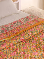 MUSTARD FLORAL GARDEN HAND BLOCK PRINT REVERSIBLE COTTON QUILT/RAZAI